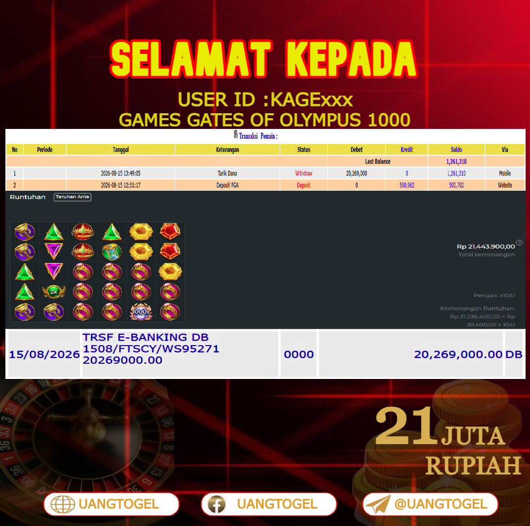 UANGTOGEL JACKPOT SLOT GAMES GATES OF OLYMPUS 1000  Rp.21.000.000 - LUNAS USER ID : KAGE***