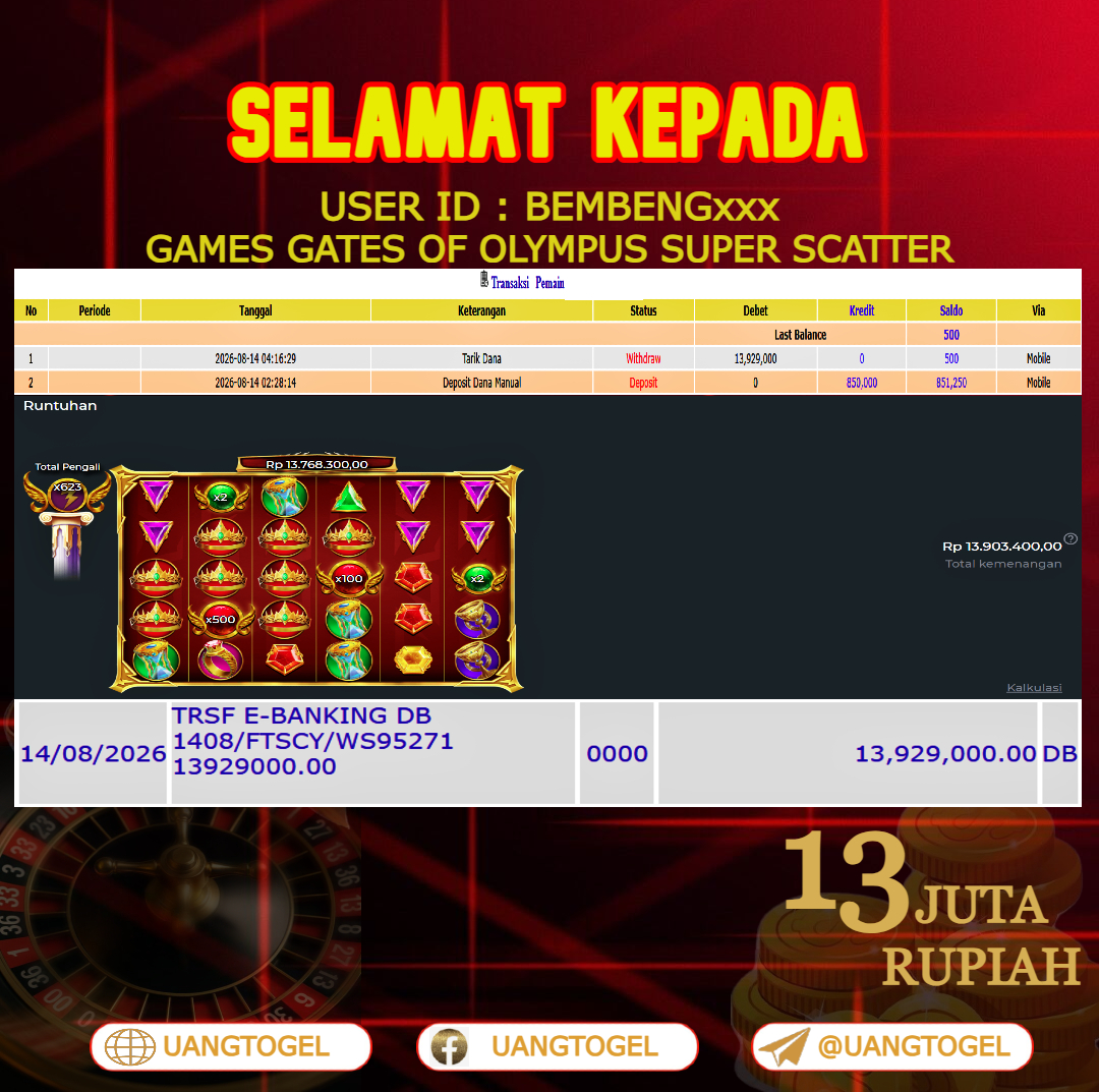 UANGTOGEL JACKPOT SLOT GAMES GATES OF OLYMPUS SUPER SCATTER  Rp.13.000.000 - LUNAS USER ID : BEMBENG***