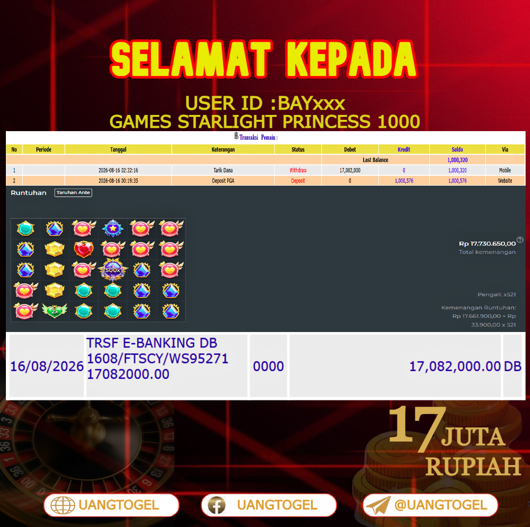 UANGTOGEL JACKPOT SLOT GAMES STARLIGHT PRINCESS 1000  Rp.17.000.000 - LUNAS USER ID : BAY***