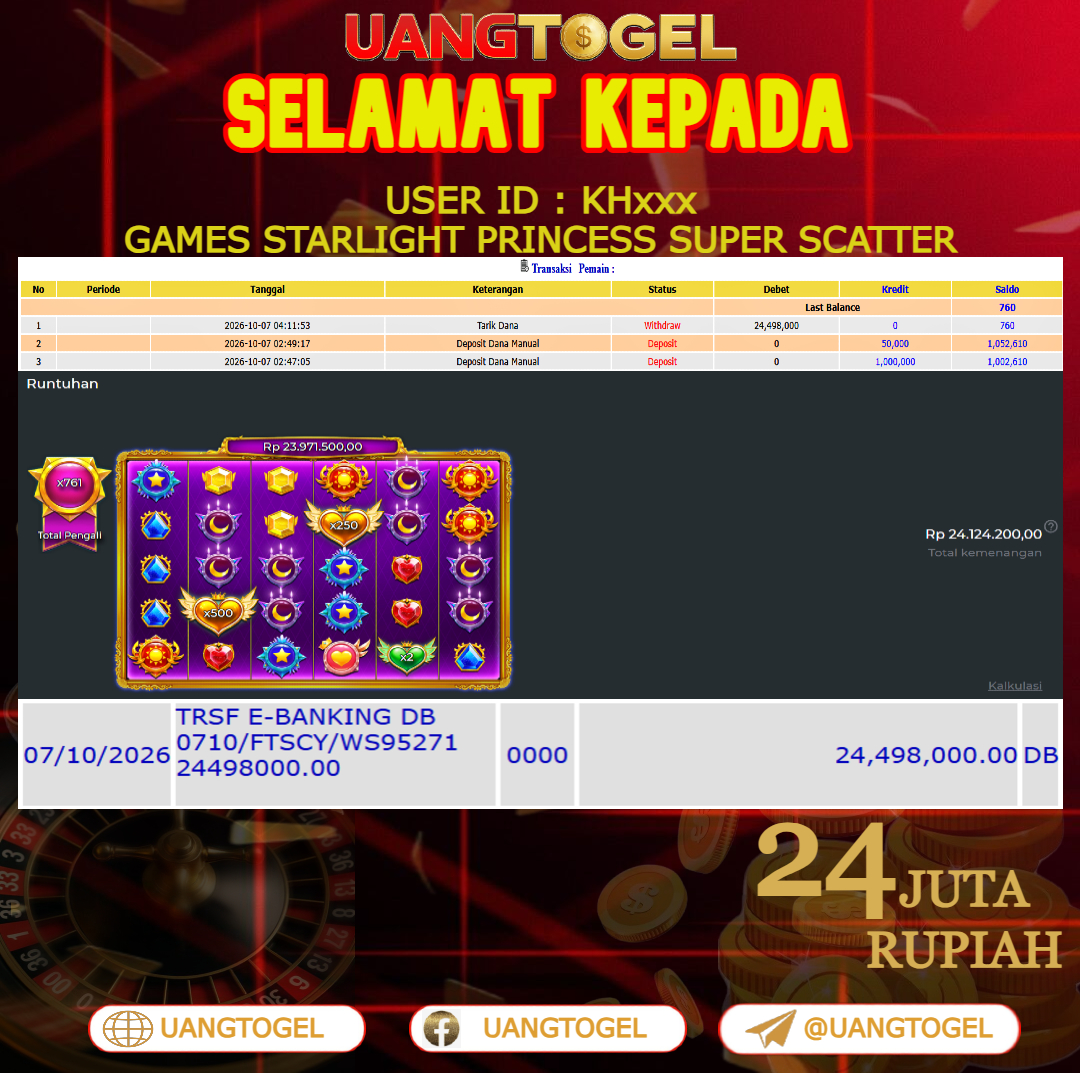 UANGTOGEL JACKPOT SLOT GAMES STARLIGHT PRINCESS SUPER SCATTER Rp.24.000.000 - LUNAS USER ID : KH***