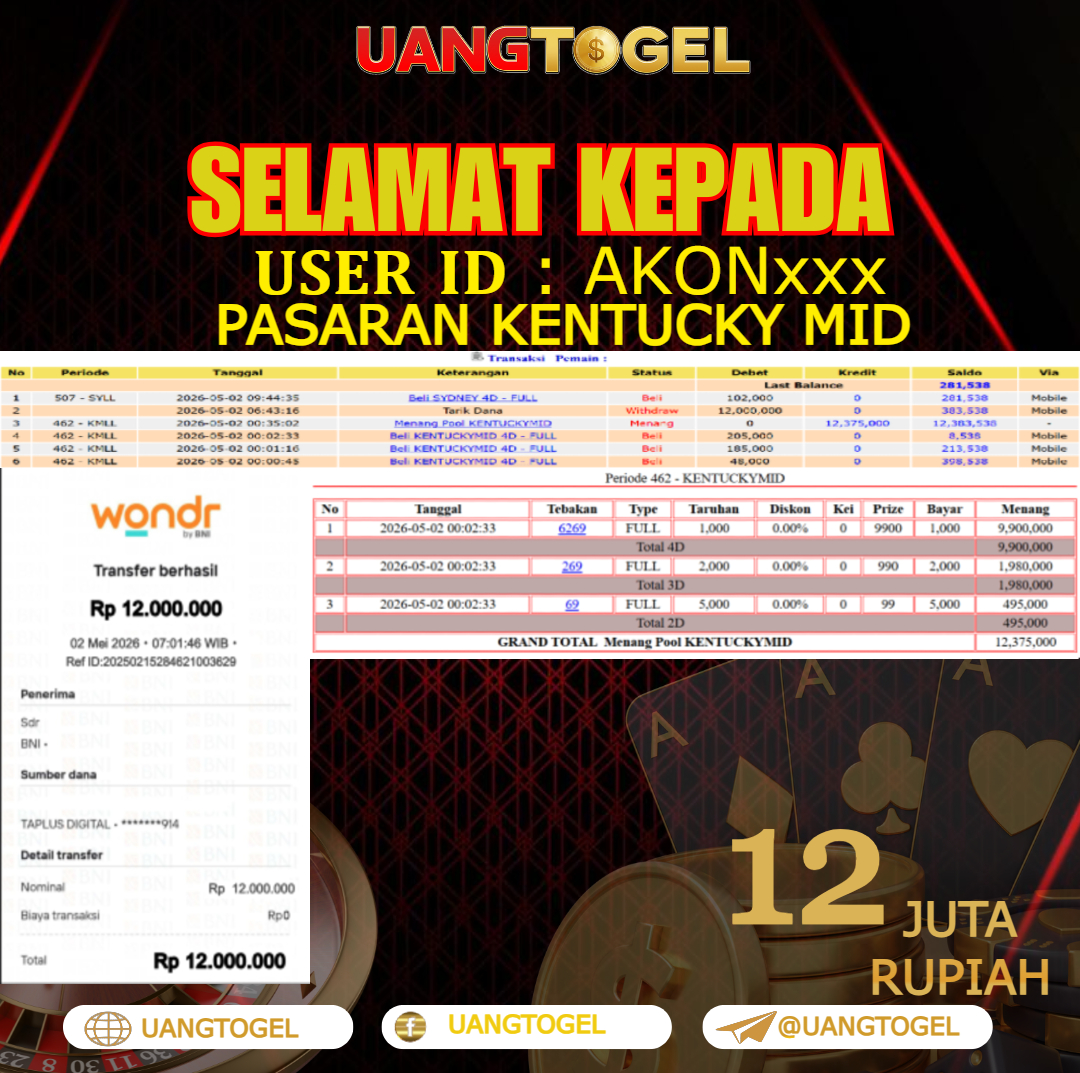 UANGTOGEL JACKPOT TOGEL PASARAN KENTUCKY MID Rp.12.000.000 - LUNAS USER ID : AKON***