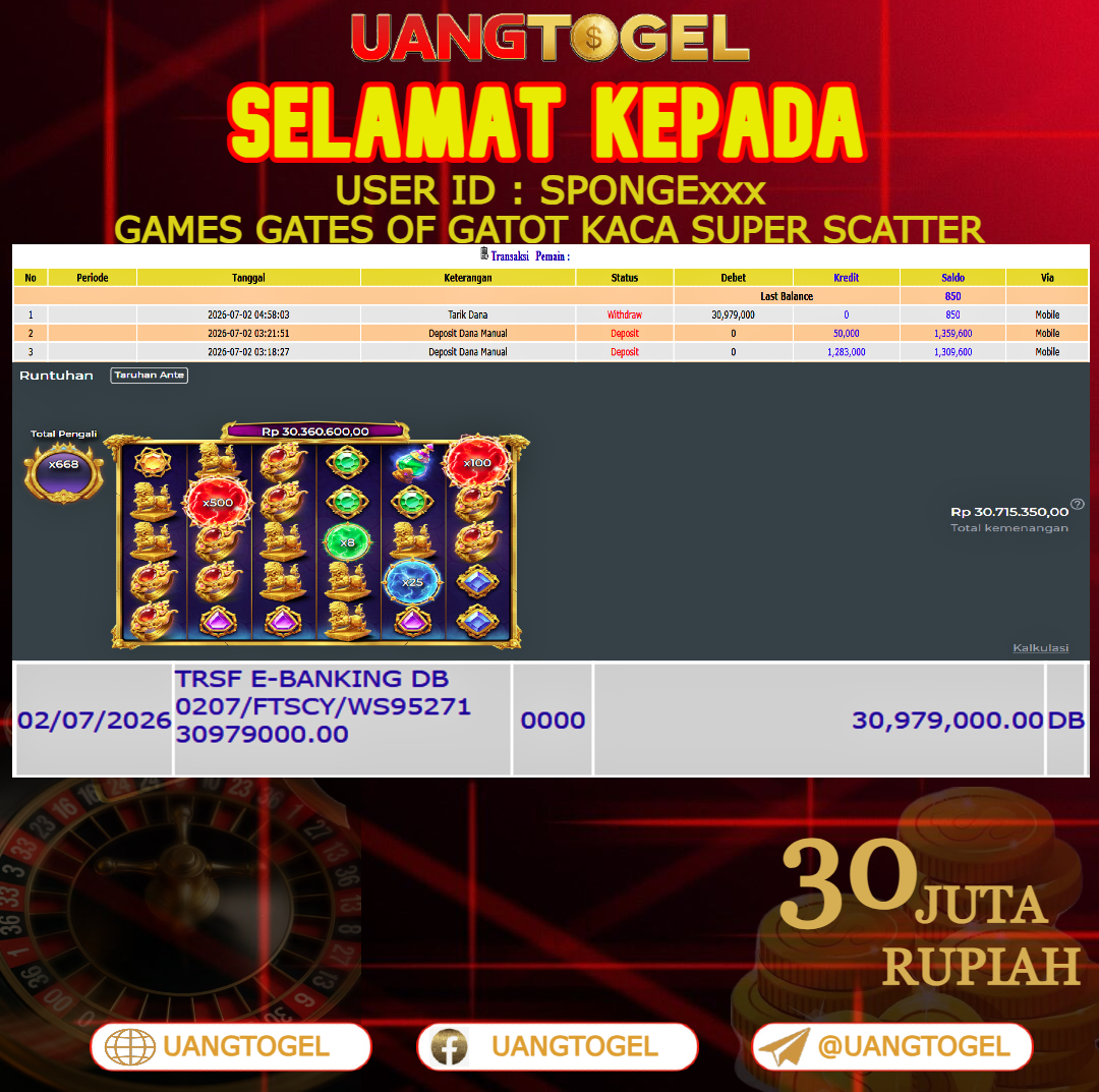 UANGTOGEL JACKPOT SLOT GAMES GATES OF GATOT KACA SUPER SCATTER Rp.30.000.000 - LUNAS USER ID : SPONGE***