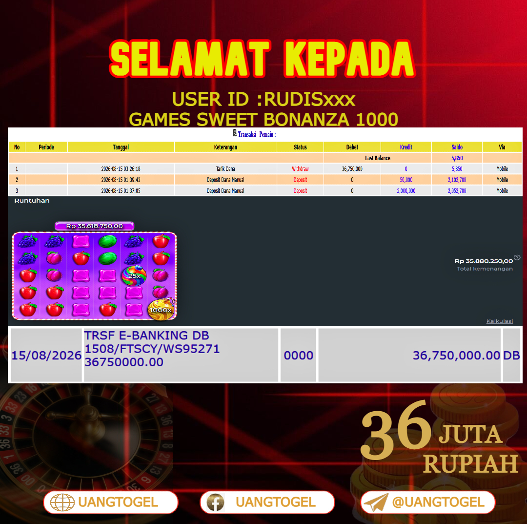 UANGTOGEL JACKP0T SLOT GAMES SWEET BONANZA 1000 Rp.36.000.000 - LUNAS USER ID : RUDIS***
