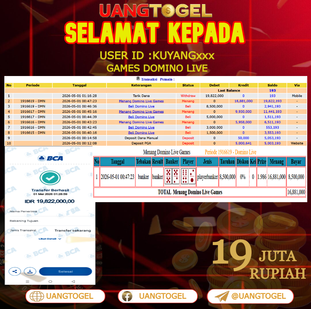 UANGTOGEL JACKPOT LIVE GAMES DOMINO LIVE Rp.19.800.000 - LUNAS USER ID  : KUYANG***