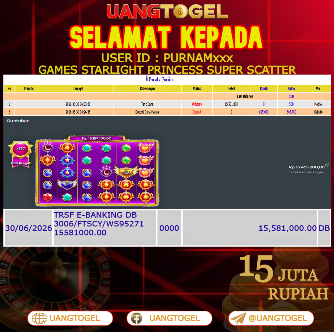 UANGTOGEL JACKPOT SLOT GAMES STARLIGHT PRINCESS SUPER SCATTER Rp.15.000.000 - LUNAS USER ID : PURNAM***