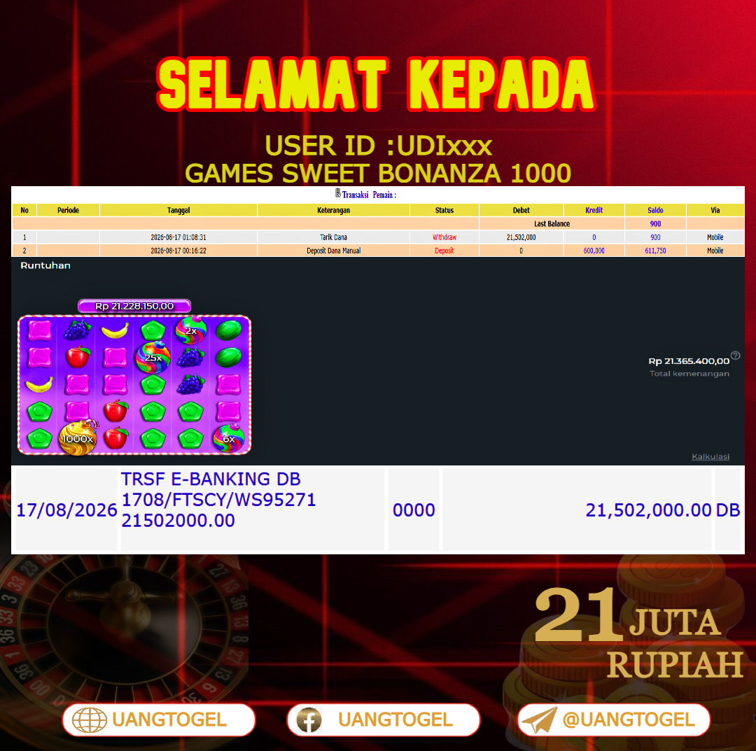UANGTOGEL JACKPOT SLOT GAMES GATES OF OLYMPUS 1000  Rp.21.000.000 - LUNAS USER ID : UDI***