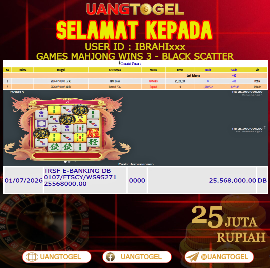 UANGTOGEL JACKPOT SLOT GAMES MAHJONG WINS 3 - BLACK SCATTER Rp.25.000.000 - LUNAS USER ID : IBRAHI***