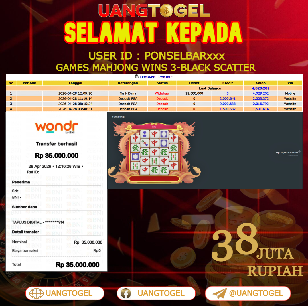 UANGTOGEL JACKPOT SLOT GAMES MAHJONG WINS 3 - BLACK SCATTER Rp.38.000.000 - LUNAS USER ID  : PONSELBAR***