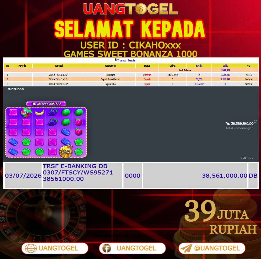 UANGTOGEL JACKPOT SLOT GAMES SWEET BONANZA 1000 Rp.39.000.000 - LUNAS USER ID :  CIKAHO***