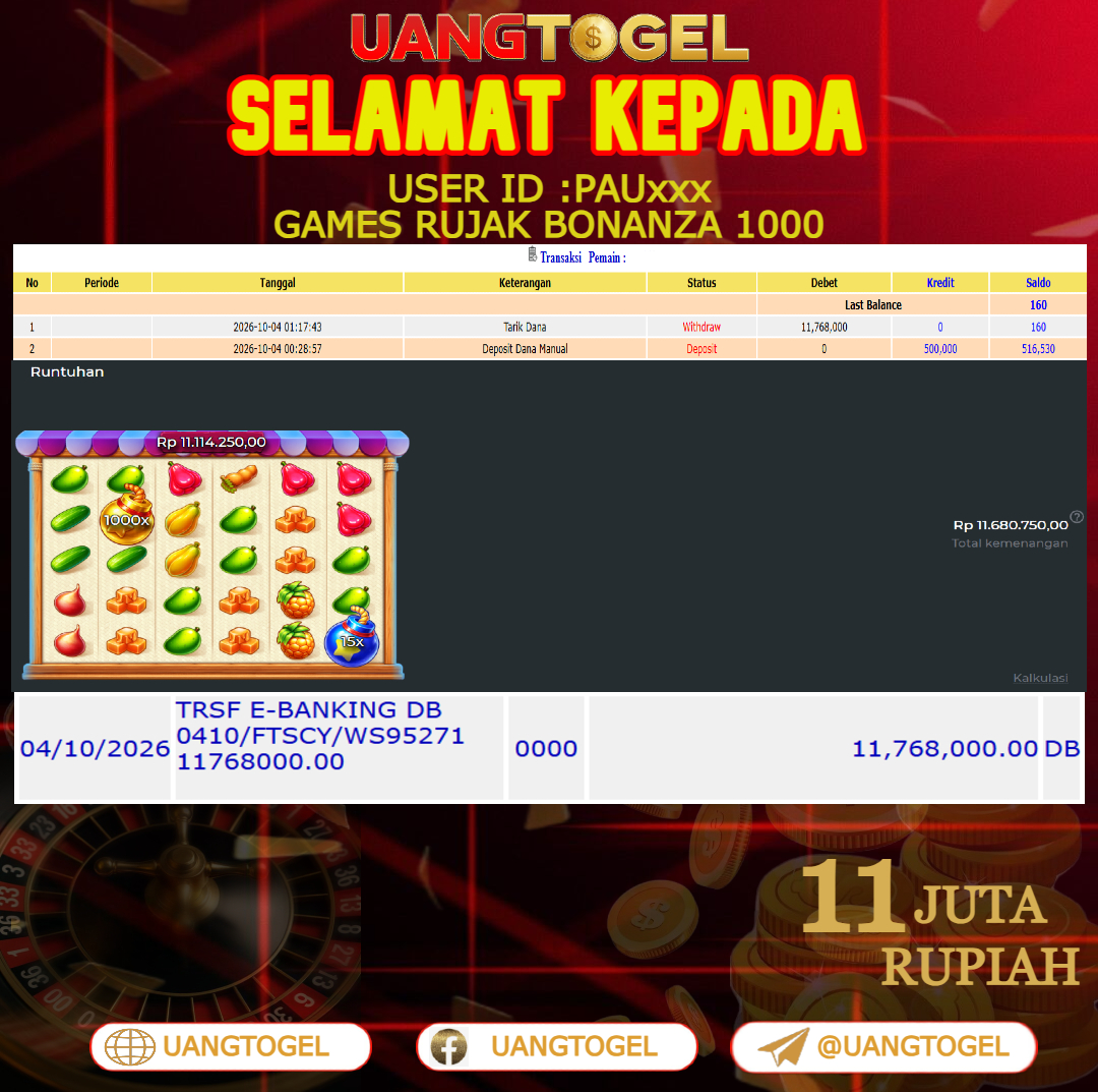 UANGTOGEL JACKPOT SLOT GAMES RUJAK BONANZA 1000 Rp.11.000.000 - LUNAS USER ID :  PAU***