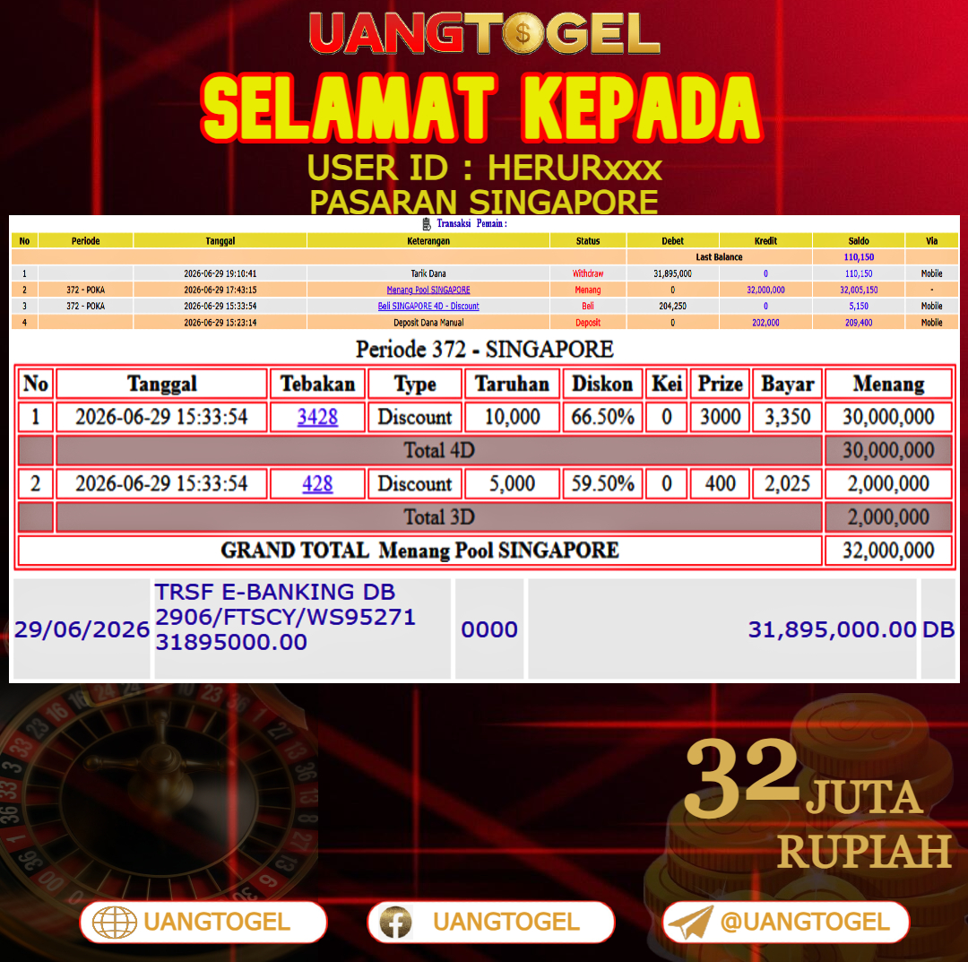 UANGTOGEL JACKPOT TOGEL PASARAN SINGAPORE Rp.32.000.000 - LUNAS USER ID : HERUR***